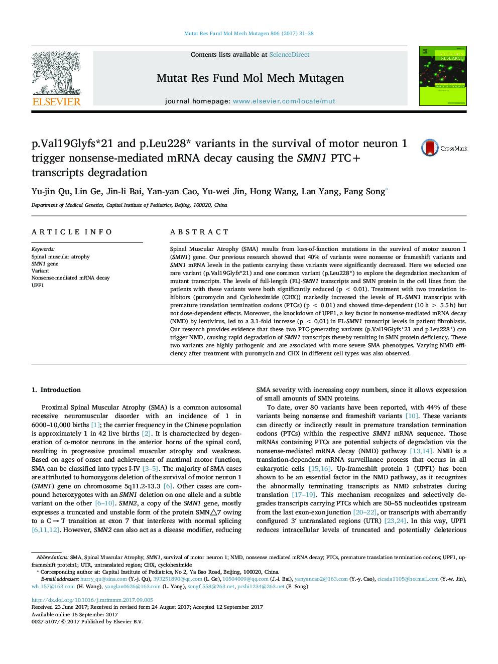 p.Val19Glyfs*21 and p.Leu228* variants in the survival of motor neuron 1 trigger nonsense-mediated mRNA decay causing the SMN1 PTC+ transcripts degradation