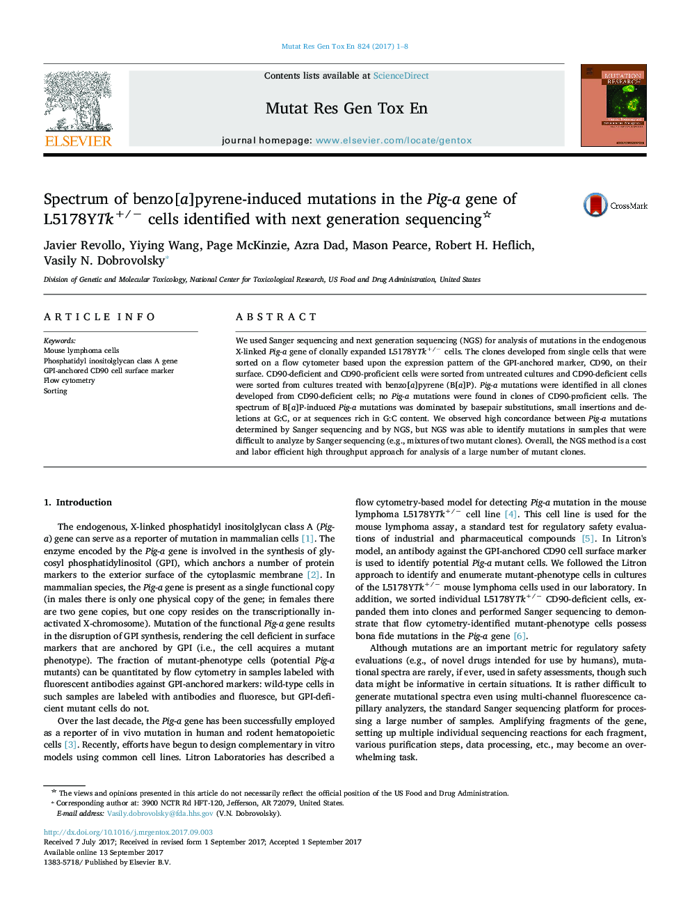 Spectrum of benzo[a]pyrene-induced mutations in the Pig-a gene of L5178YTk+/â cells identified with next generation sequencing