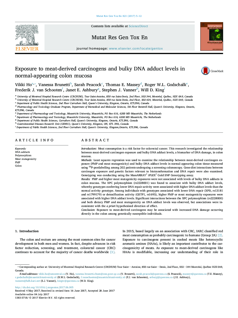 Exposure to meat-derived carcinogens and bulky DNA adduct levels in normal-appearing colon mucosa