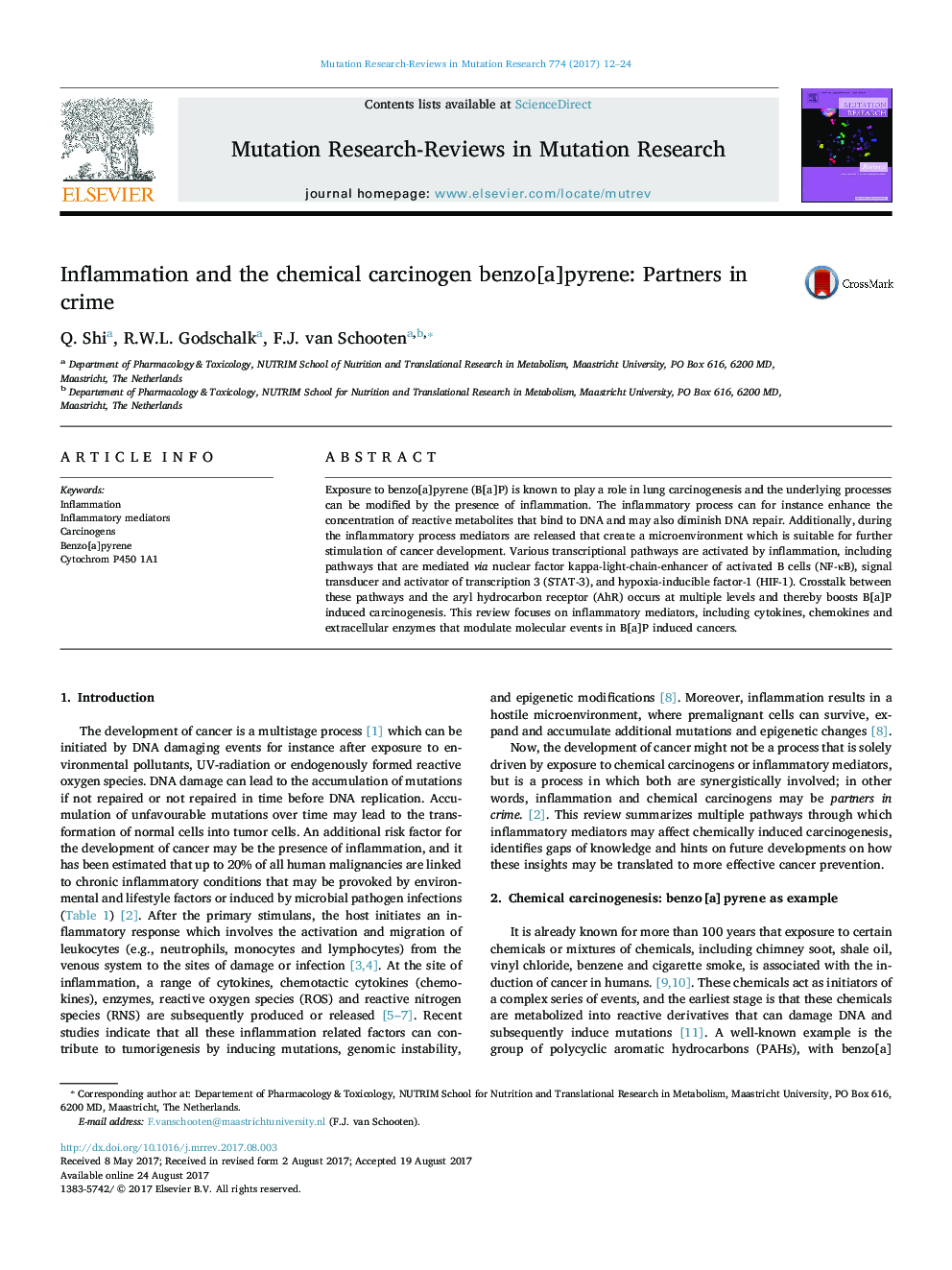 Inflammation and the chemical carcinogen benzo[a]pyrene: Partners in crime