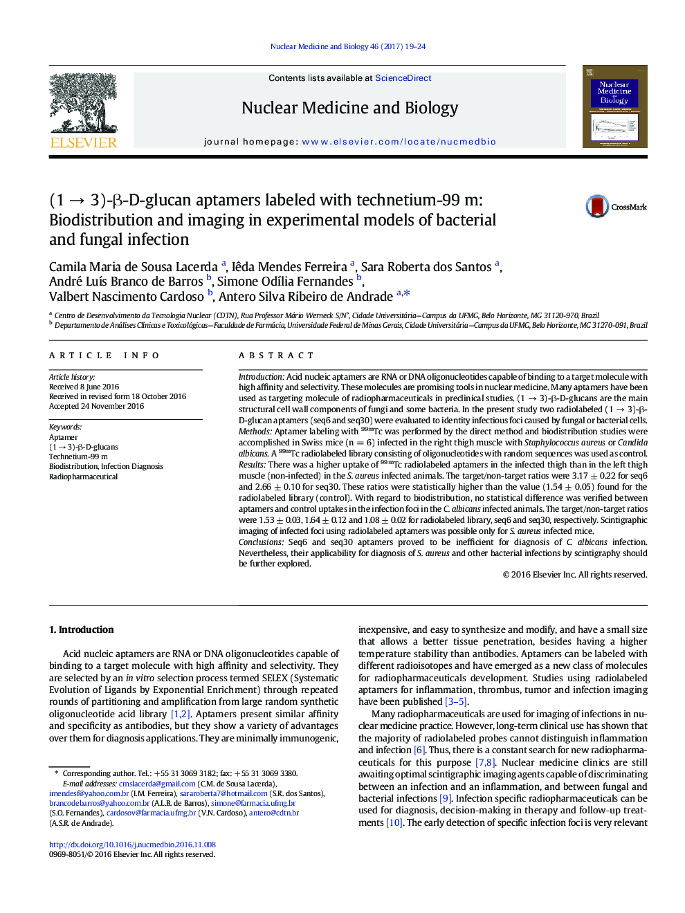 (1Â âÂ 3)-Î²-D-glucan aptamers labeled with technetium-99Â m: Biodistribution and imaging in experimental models of bacterial and fungal infection