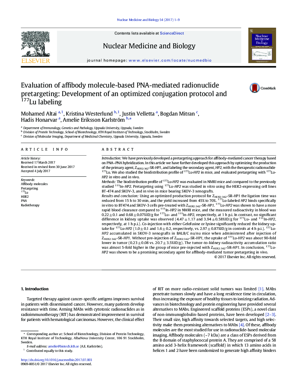Evaluation of affibody molecule-based PNA-mediated radionuclide pretargeting: Development of an optimized conjugation protocol and 177Lu labeling