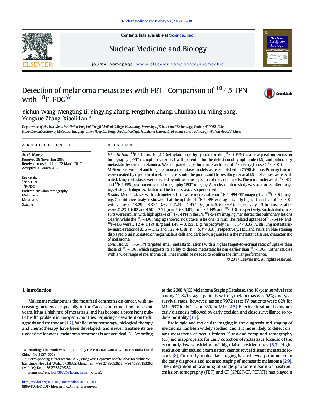 Detection of melanoma metastases with PET-Comparison of 18F-5-FPN with 18F-FDG