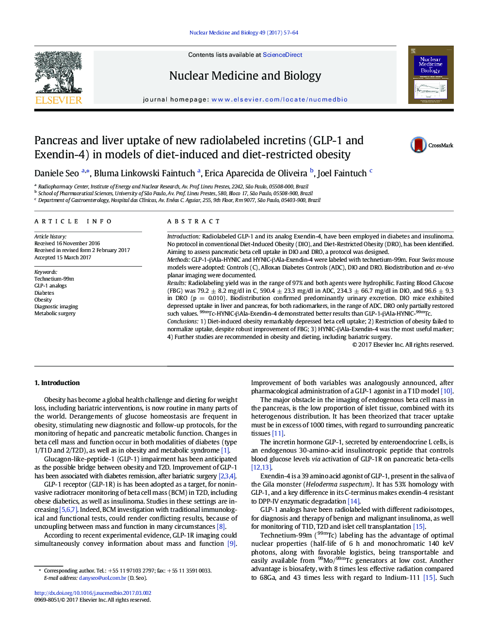 Pancreas and liver uptake of new radiolabeled incretins (GLP-1 and Exendin-4) in models of diet-induced and diet-restricted obesity