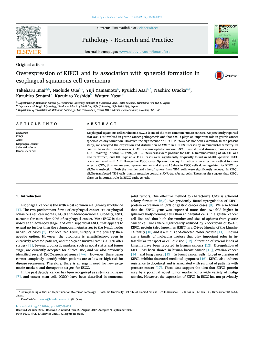 Original articleOverexpression of KIFC1 and its association with spheroid formation in esophageal squamous cell carcinoma