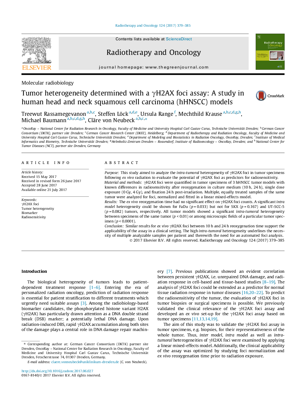 Molecular radiobiologyTumor heterogeneity determined with a Î³H2AX foci assay: A study in human head and neck squamous cell carcinoma (hHNSCC) models