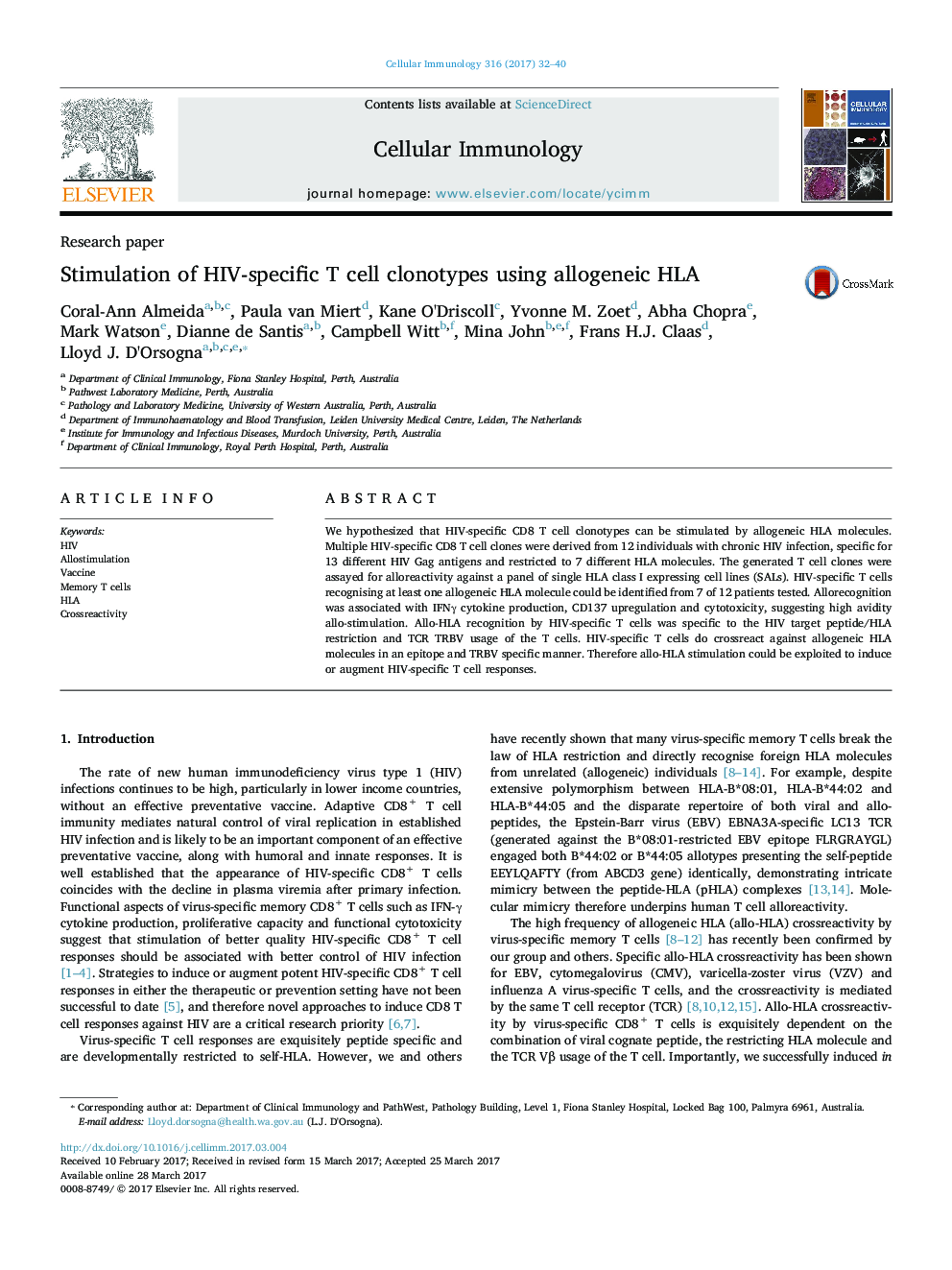 Research paperStimulation of HIV-specific T cell clonotypes using allogeneic HLA