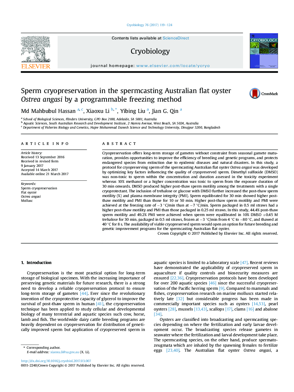 Sperm cryopreservation in the spermcasting Australian flat oyster Ostrea angasi by a programmable freezing method