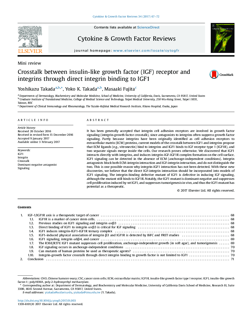 Mini reviewCrosstalk between insulin-like growth factor (IGF) receptor and integrins through direct integrin binding to IGF1