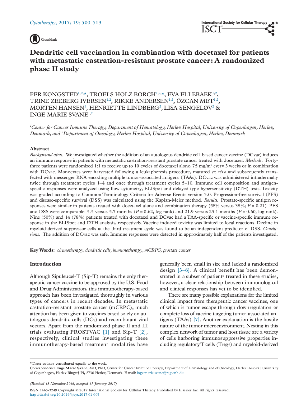 Dendritic cell vaccination in combination with docetaxel for patients with metastatic castration-resistant prostate cancer: A randomized phase II study