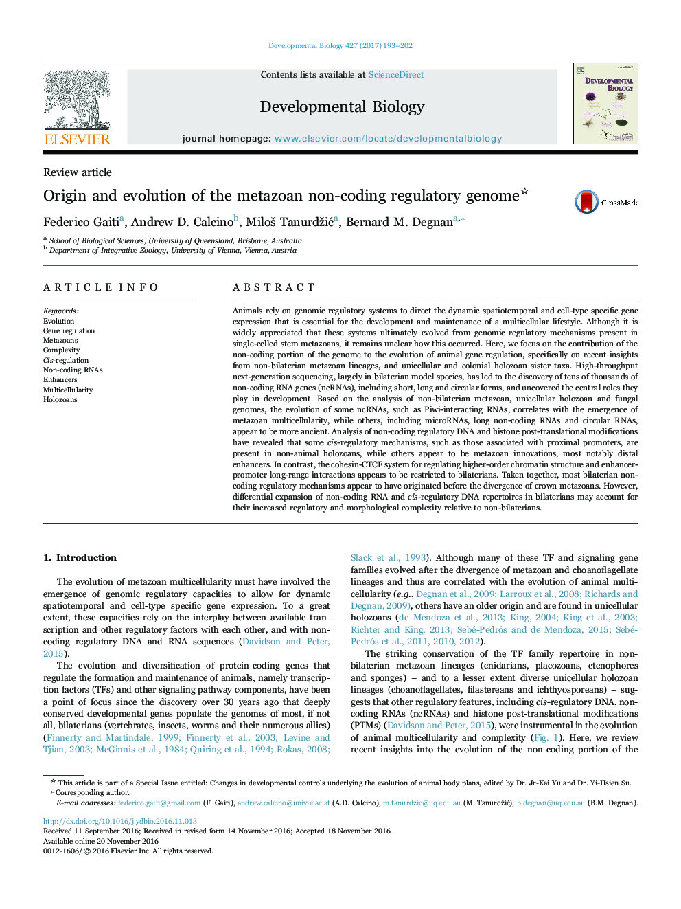 Review articleOrigin and evolution of the metazoan non-coding regulatory genome