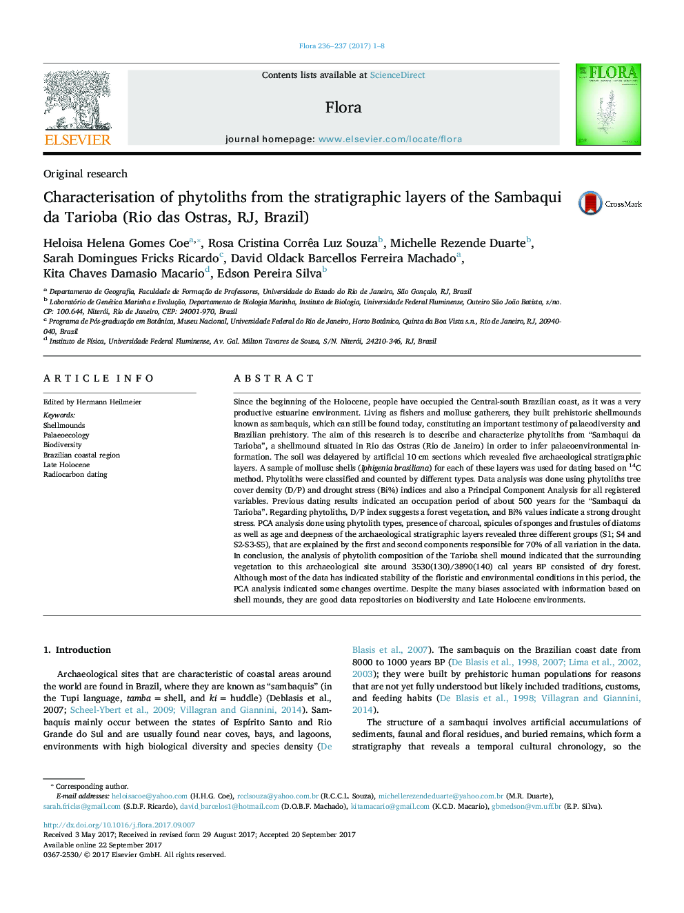 Characterisation of phytoliths from the stratigraphic layers of the Sambaqui da Tarioba (Rio das Ostras, RJ, Brazil)