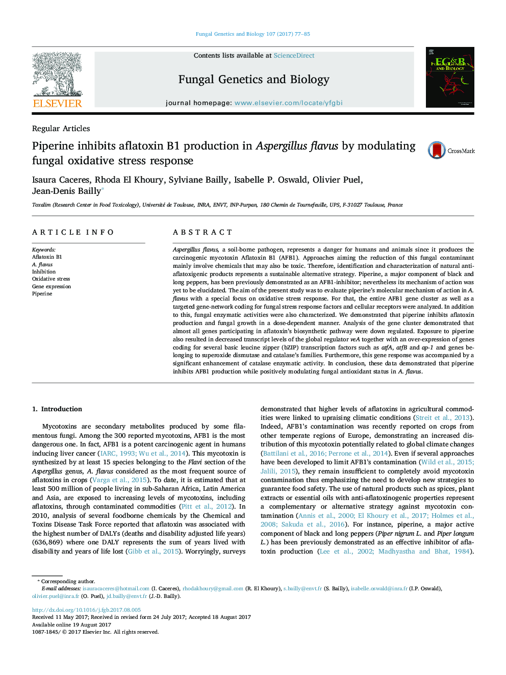 Regular ArticlesPiperine inhibits aflatoxin B1 production in Aspergillus flavus by modulating fungal oxidative stress response