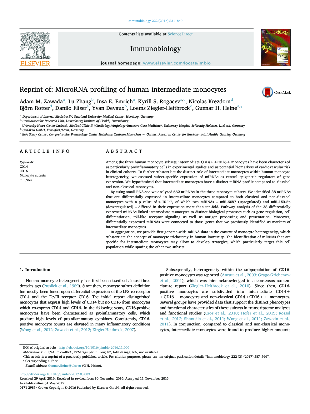 Reprint of: MicroRNA profiling of human intermediate monocytes