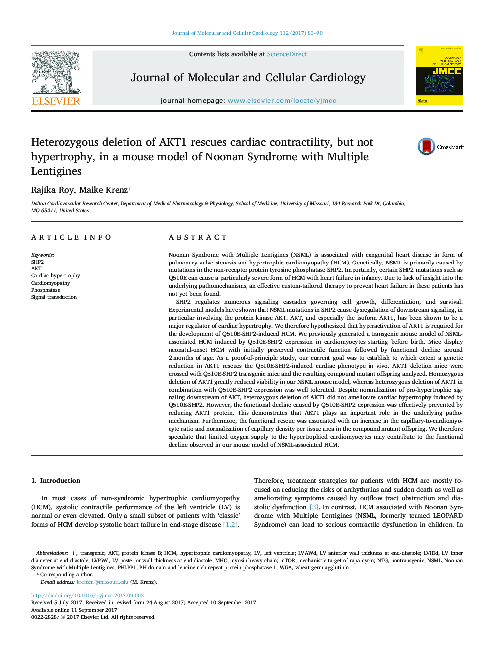 Heterozygous deletion of AKT1 rescues cardiac contractility, but not hypertrophy, in a mouse model of Noonan Syndrome with Multiple Lentigines