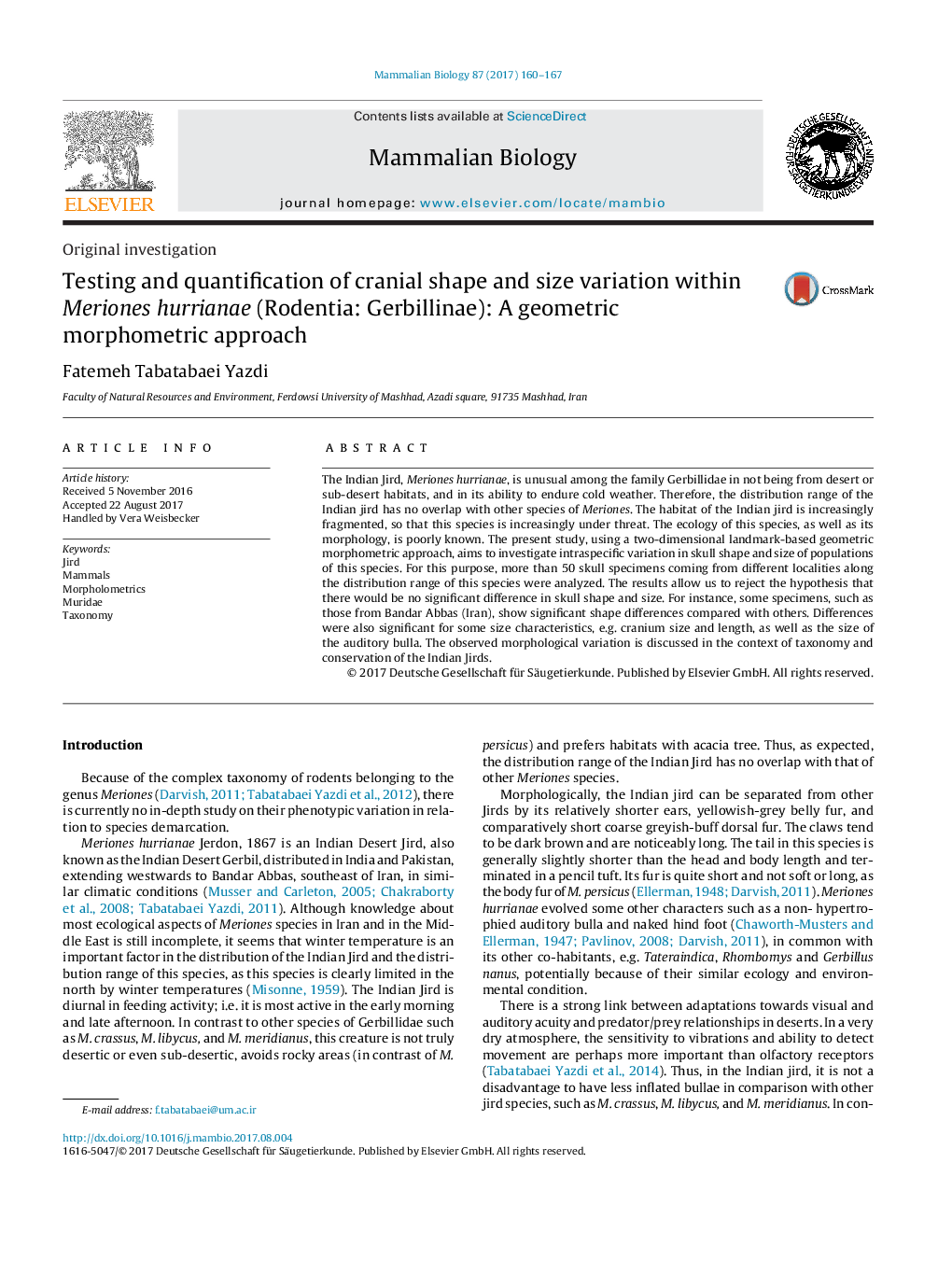 Original investigationTesting and quantification of cranial shape and size variation within Meriones hurrianae (Rodentia: Gerbillinae): A geometric morphometric approach