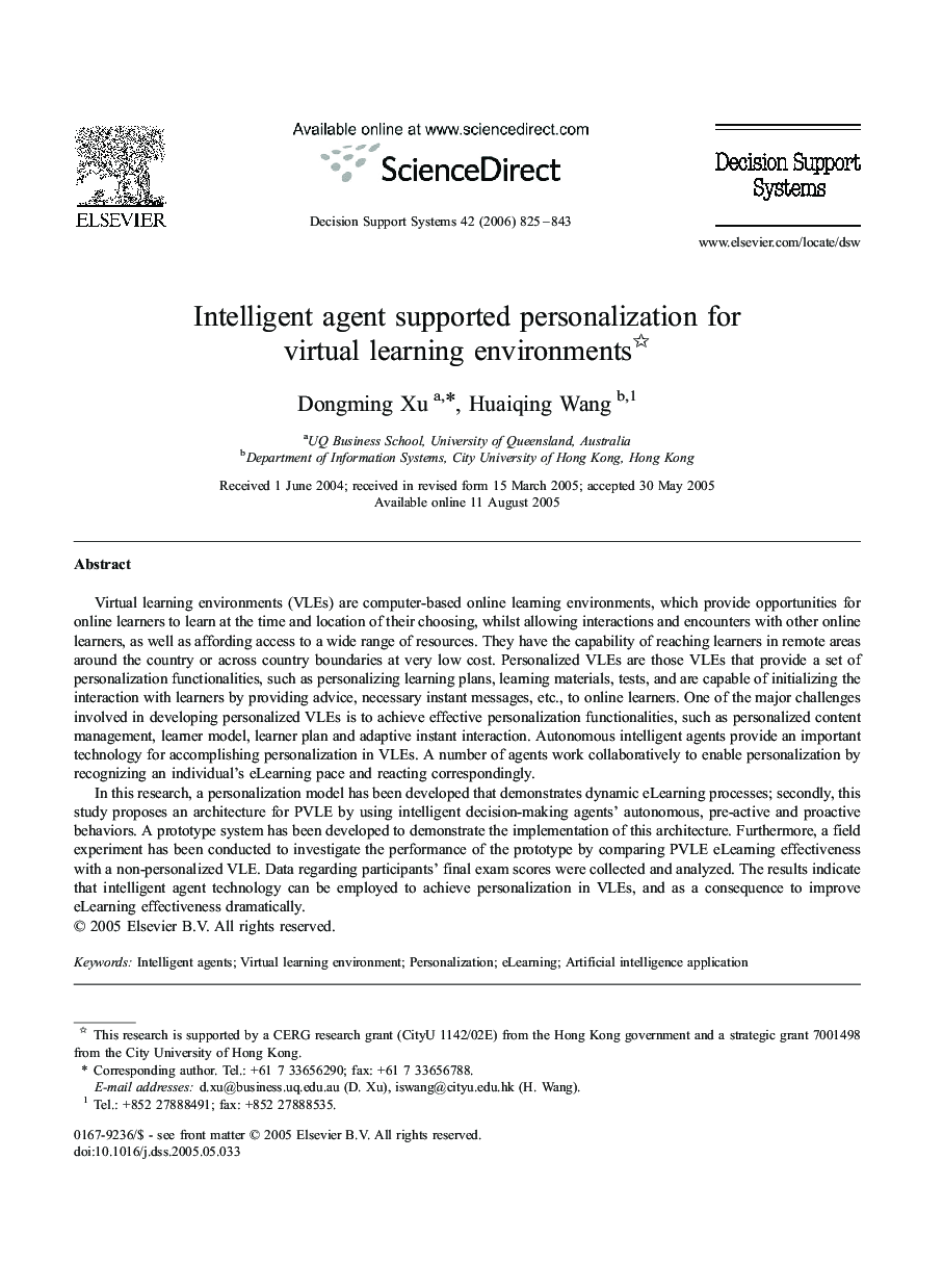 Intelligent agent supported personalization for virtual learning environments 