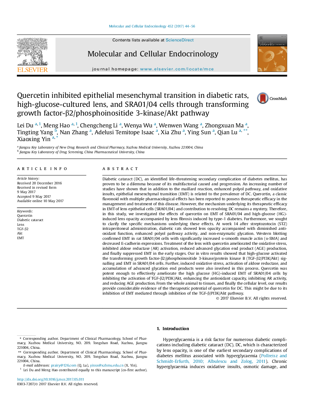 Quercetin inhibited epithelial mesenchymal transition in diabetic rats, high-glucose-cultured lens, and SRA01/04 cells through transforming growth factor-Î²2/phosphoinositide 3-kinase/Akt pathway