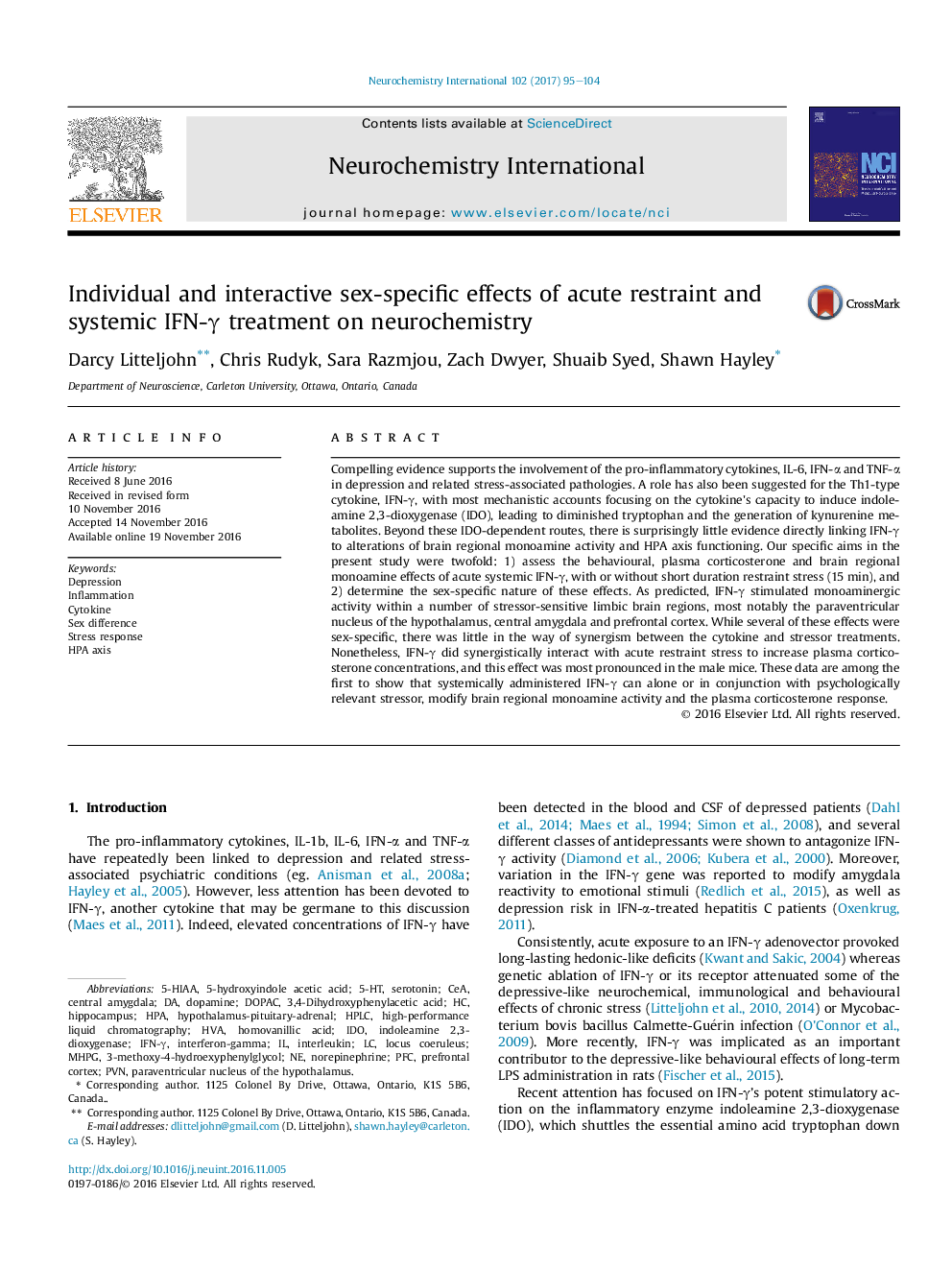 Individual and interactive sex-specific effects of acute restraint and systemic IFN-Î³ treatment on neurochemistry