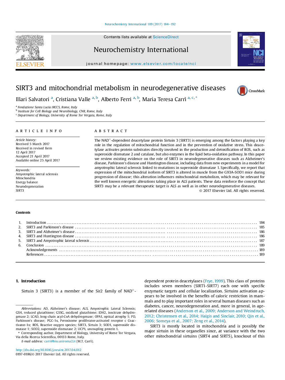 SIRT3 and mitochondrial metabolism in neurodegenerative diseases