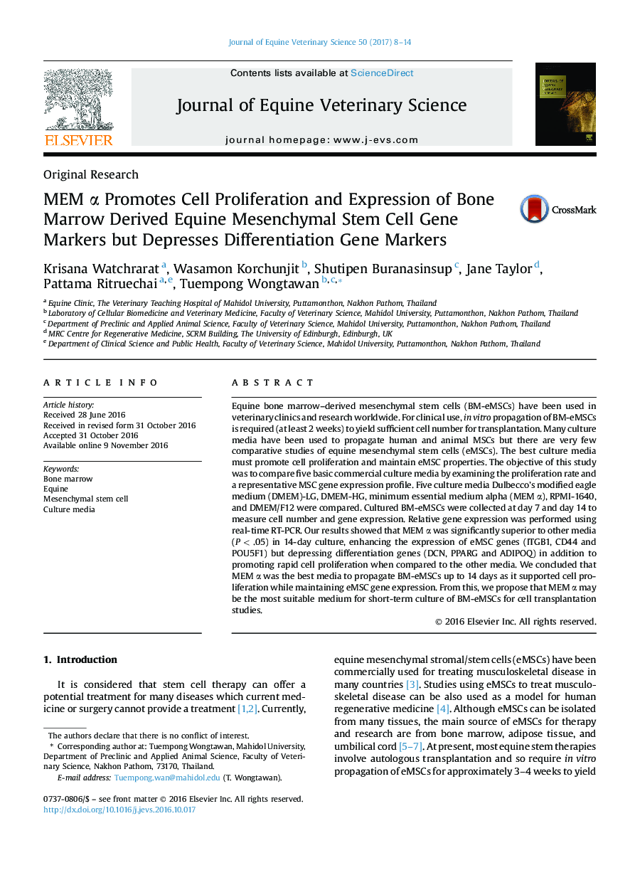 Original ResearchMEM Î± Promotes Cell Proliferation and Expression of Bone Marrow Derived Equine Mesenchymal Stem Cell Gene Markers but Depresses Differentiation Gene Markers