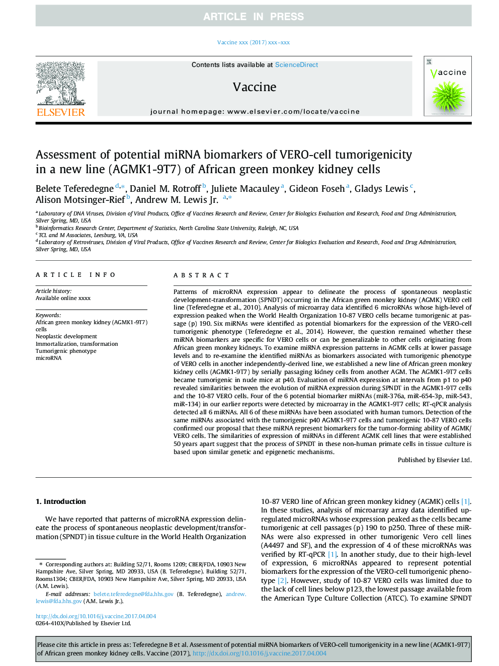 Assessment of potential miRNA biomarkers of VERO-cell tumorigenicity in a new line (AGMK1-9T7) of African green monkey kidney cells