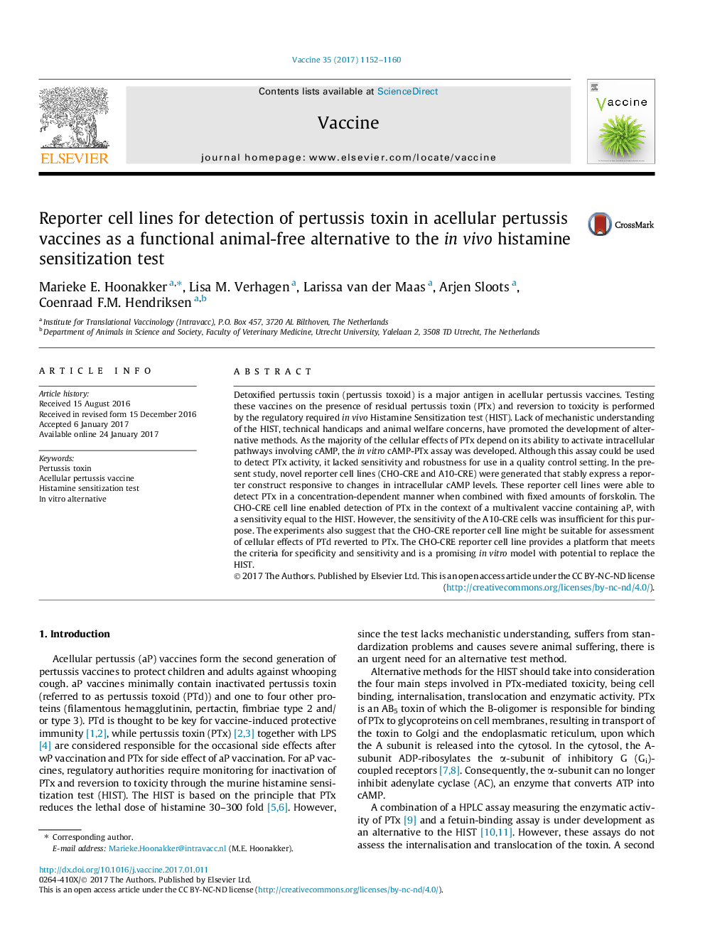 Reporter cell lines for detection of pertussis toxin in acellular pertussis vaccines as a functional animal-free alternative to the in vivo histamine sensitization test