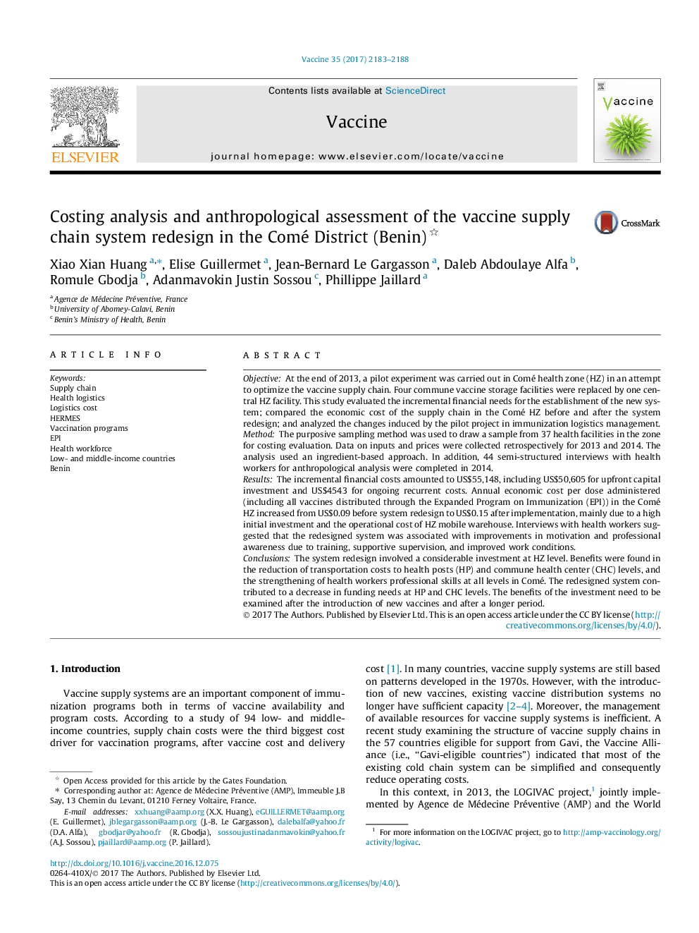 Costing analysis and anthropological assessment of the vaccine supply chain system redesign in the Comé District (Benin)