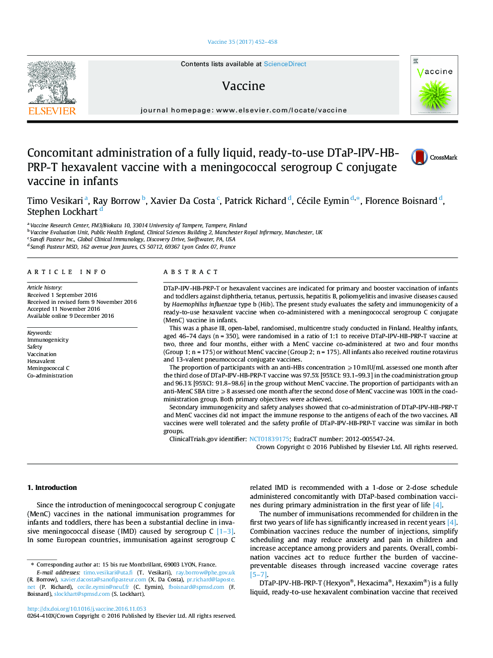 Concomitant administration of a fully liquid, ready-to-use DTaP-IPV-HB-PRP-T hexavalent vaccine with a meningococcal serogroup C conjugate vaccine in infants