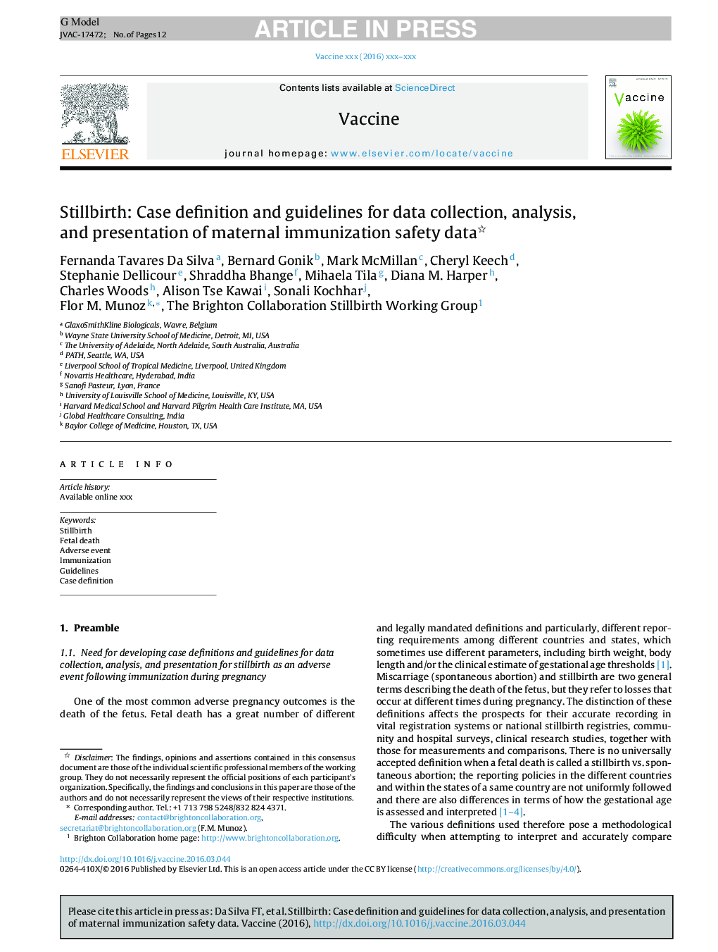 Stillbirth: Case definition and guidelines for data collection, analysis, and presentation of maternal immunization safety data