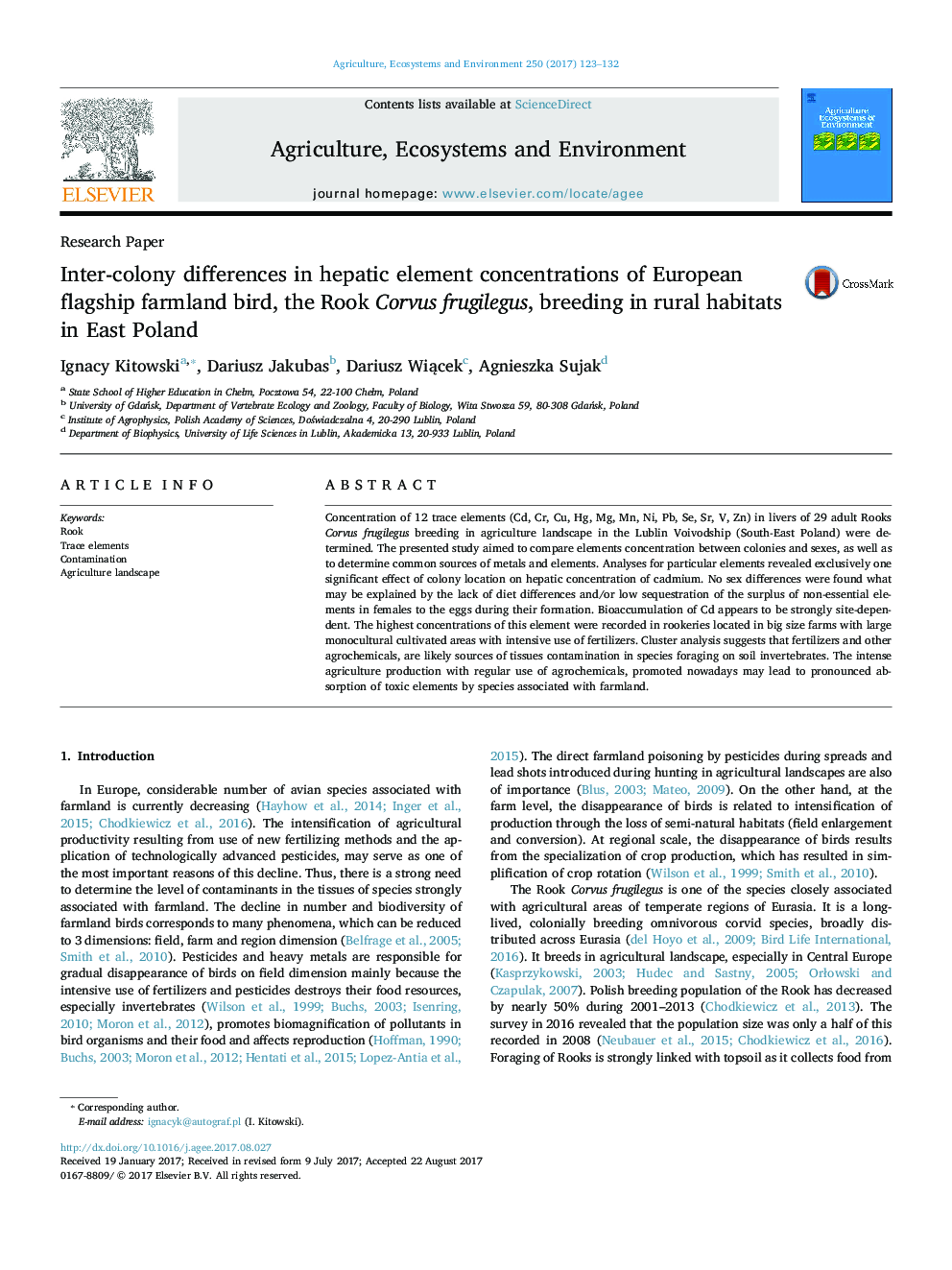 Inter-colony differences in hepatic element concentrations of European flagship farmland bird, the Rook Corvus frugilegus, breeding in rural habitats in East Poland