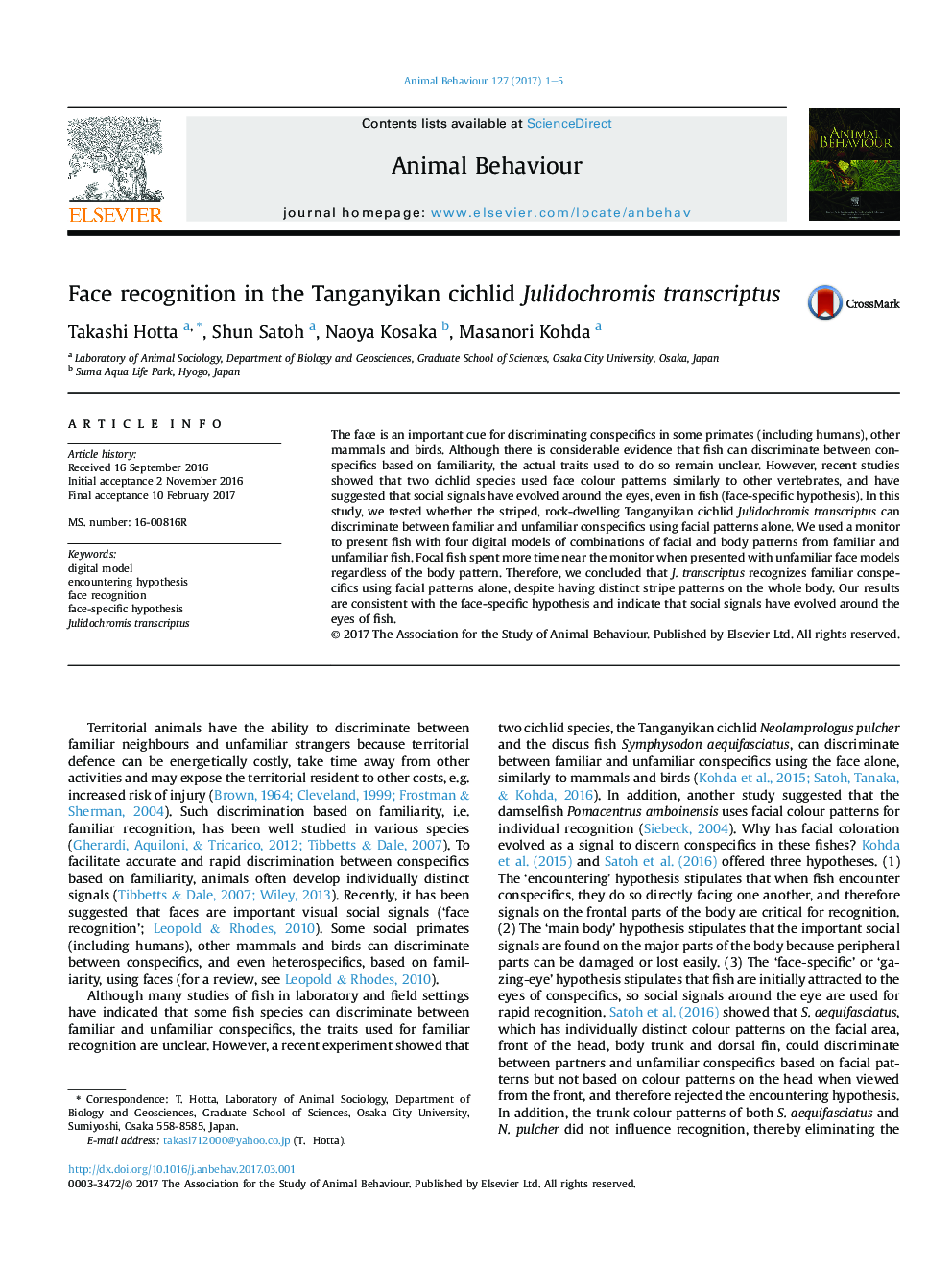 Face recognition in the Tanganyikan cichlid Julidochromis transcriptus