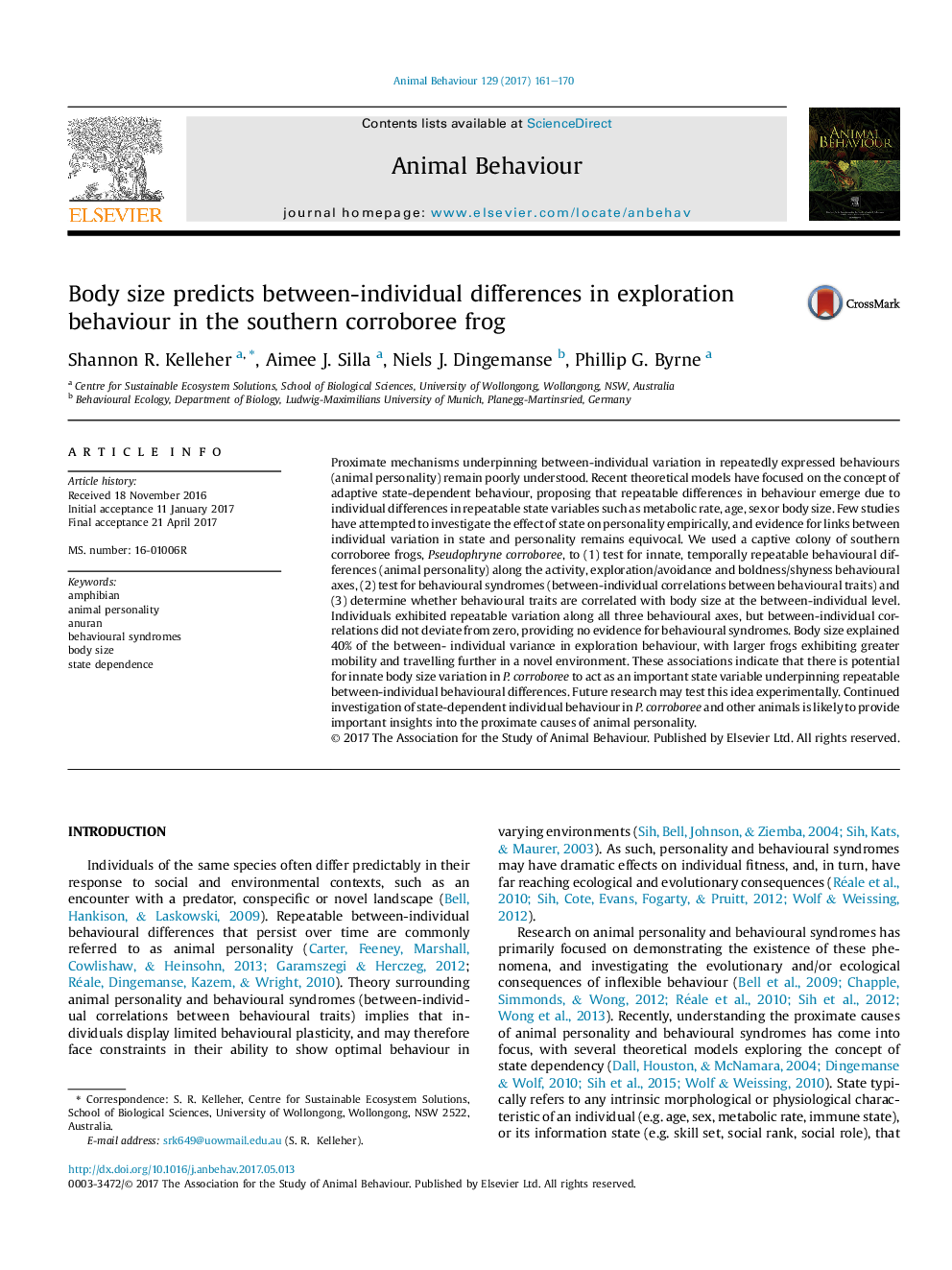 Body size predicts between-individual differences in exploration behaviour in the southern corroboree frog