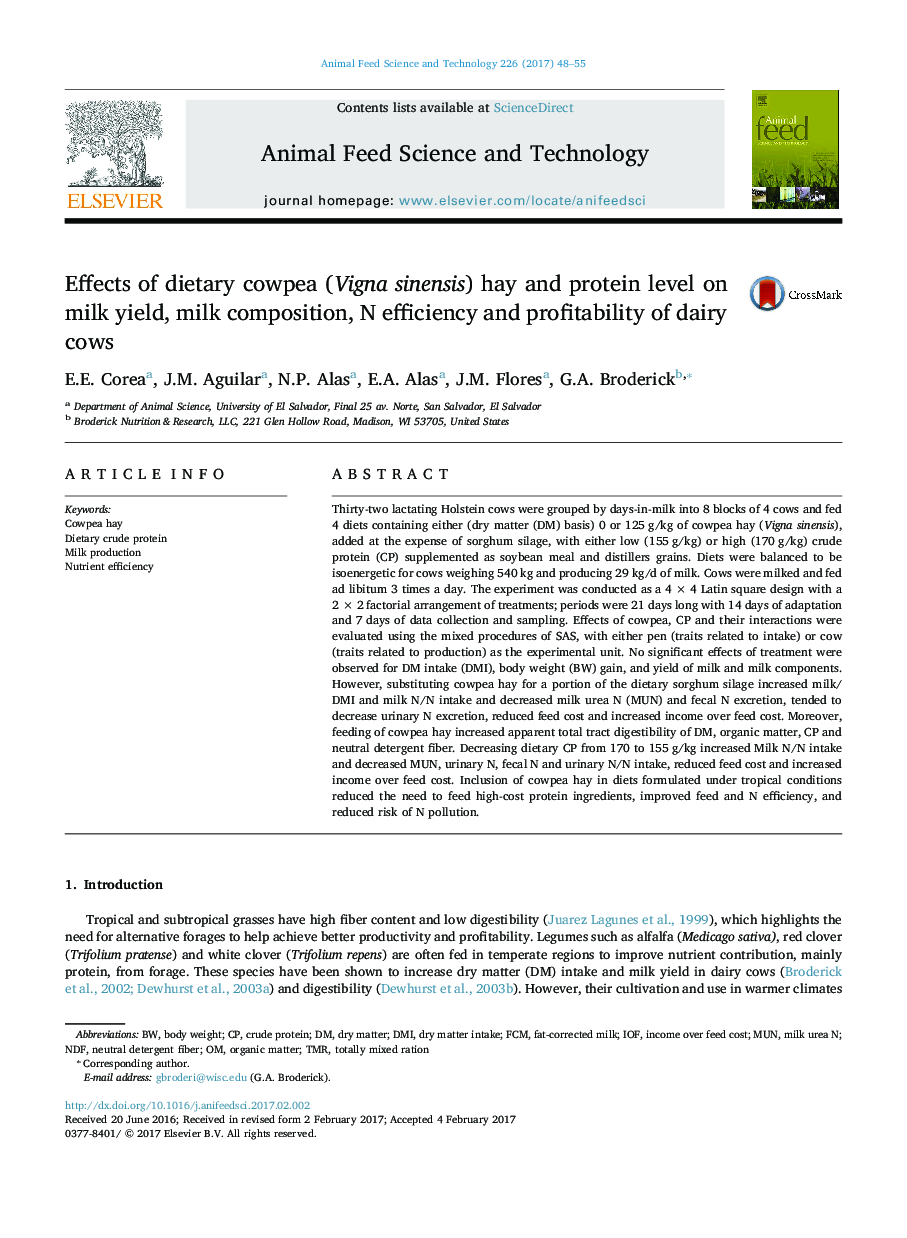 Effects of dietary cowpea (Vigna sinensis) hay and protein level on milk yield, milk composition, N efficiency and profitability of dairy cows