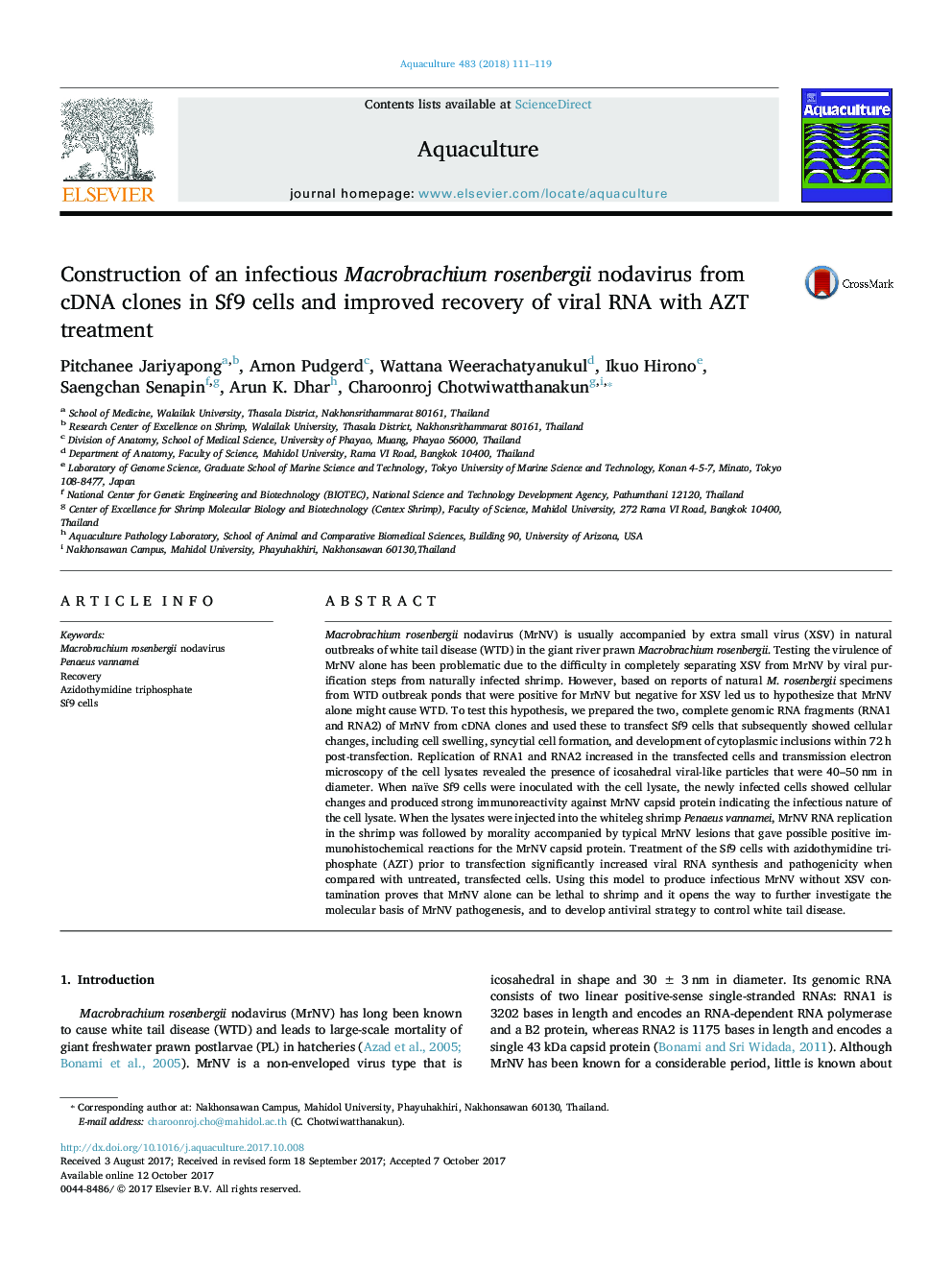 Construction of an infectious Macrobrachium rosenbergii nodavirus from cDNA clones in Sf9 cells and improved recovery of viral RNA with AZT treatment