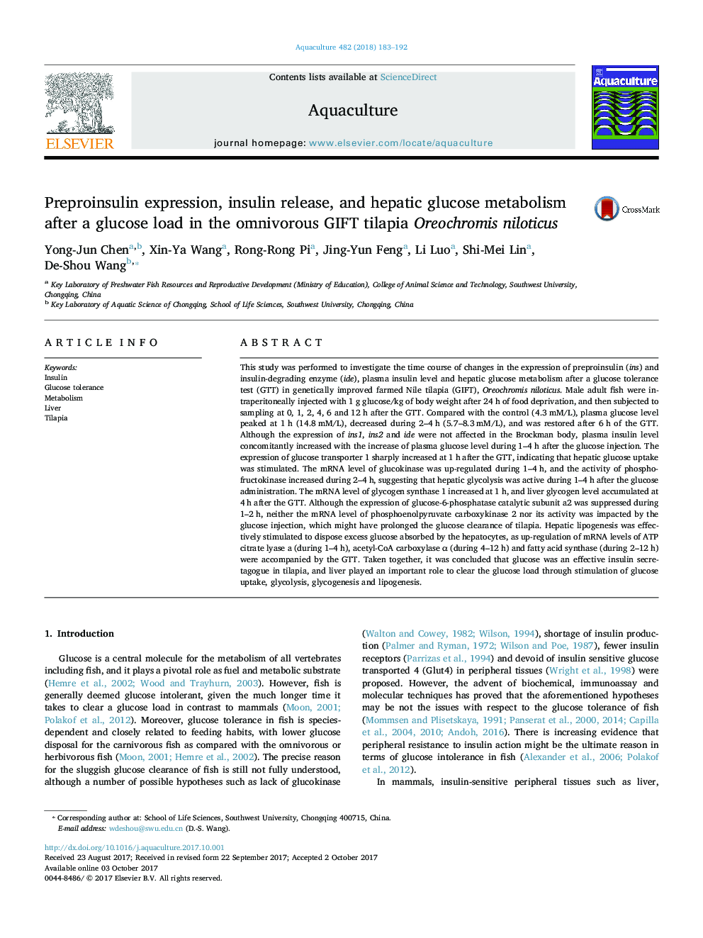 Preproinsulin expression, insulin release, and hepatic glucose metabolism after a glucose load in the omnivorous GIFT tilapia Oreochromis niloticus