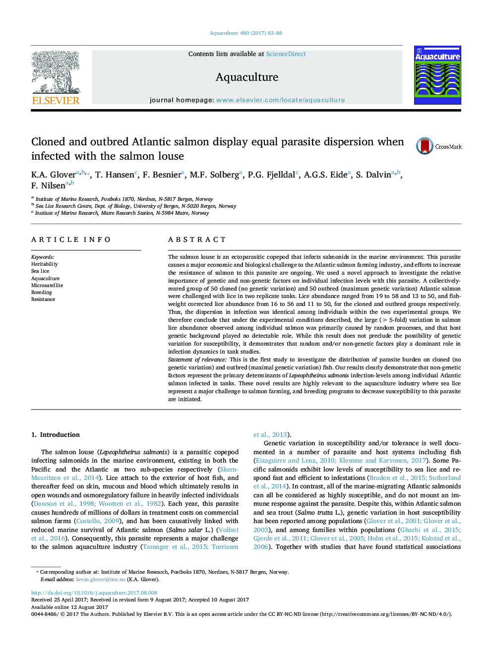 Cloned and outbred Atlantic salmon display equal parasite dispersion when infected with the salmon louse