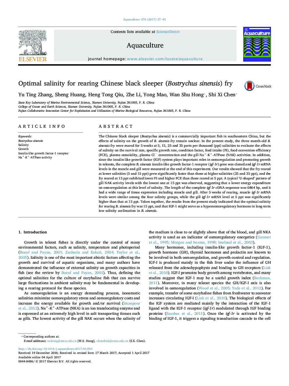 Optimal salinity for rearing Chinese black sleeper (Bostrychus sinensis) fry