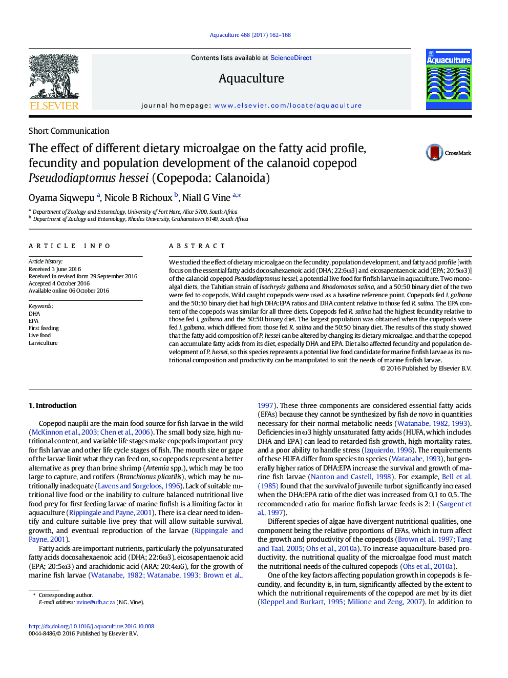 The effect of different dietary microalgae on the fatty acid profile, fecundity and population development of the calanoid copepod Pseudodiaptomus hessei (Copepoda: Calanoida)