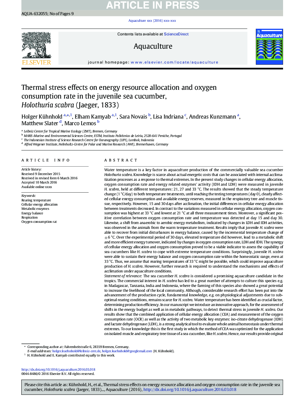 Thermal stress effects on energy resource allocation and oxygen consumption rate in the juvenile sea cucumber, Holothuria scabra (Jaeger, 1833)