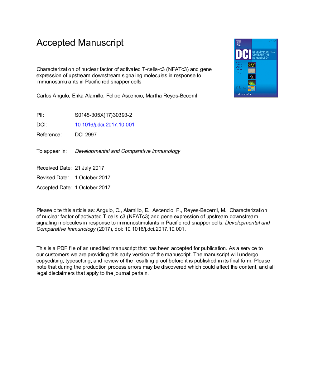 Characterization of nuclear factor of activated T-cells-c3 (NFATc3) and gene expression of upstream-downstream signaling molecules in response to immunostimulants in Pacific red snapper cells