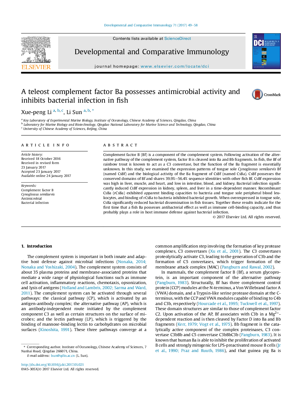 A teleost complement factor Ba possesses antimicrobial activity and inhibits bacterial infection in fish