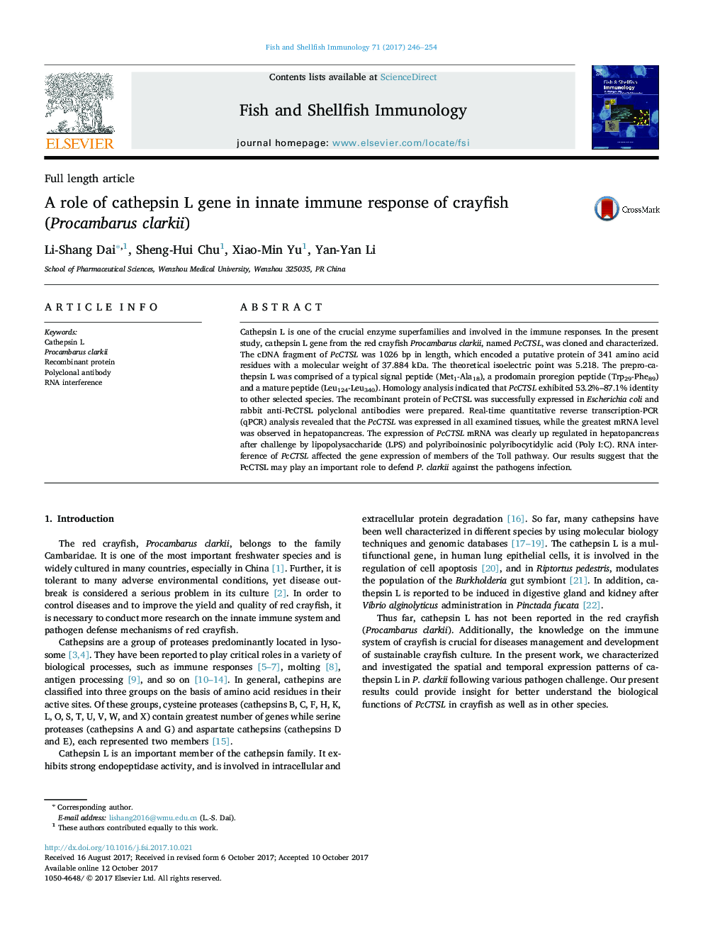 A role of cathepsin L gene in innate immune response of crayfish (Procambarus clarkii)