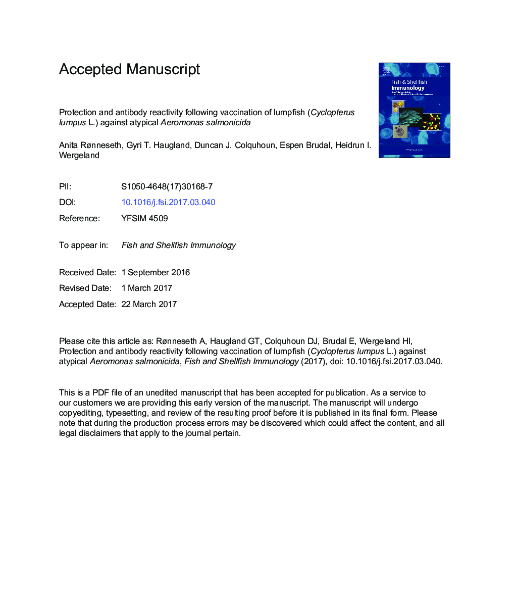 Protection and antibody reactivity following vaccination of lumpfish (Cyclopterus lumpus L.) against atypical Aeromonas salmonicida