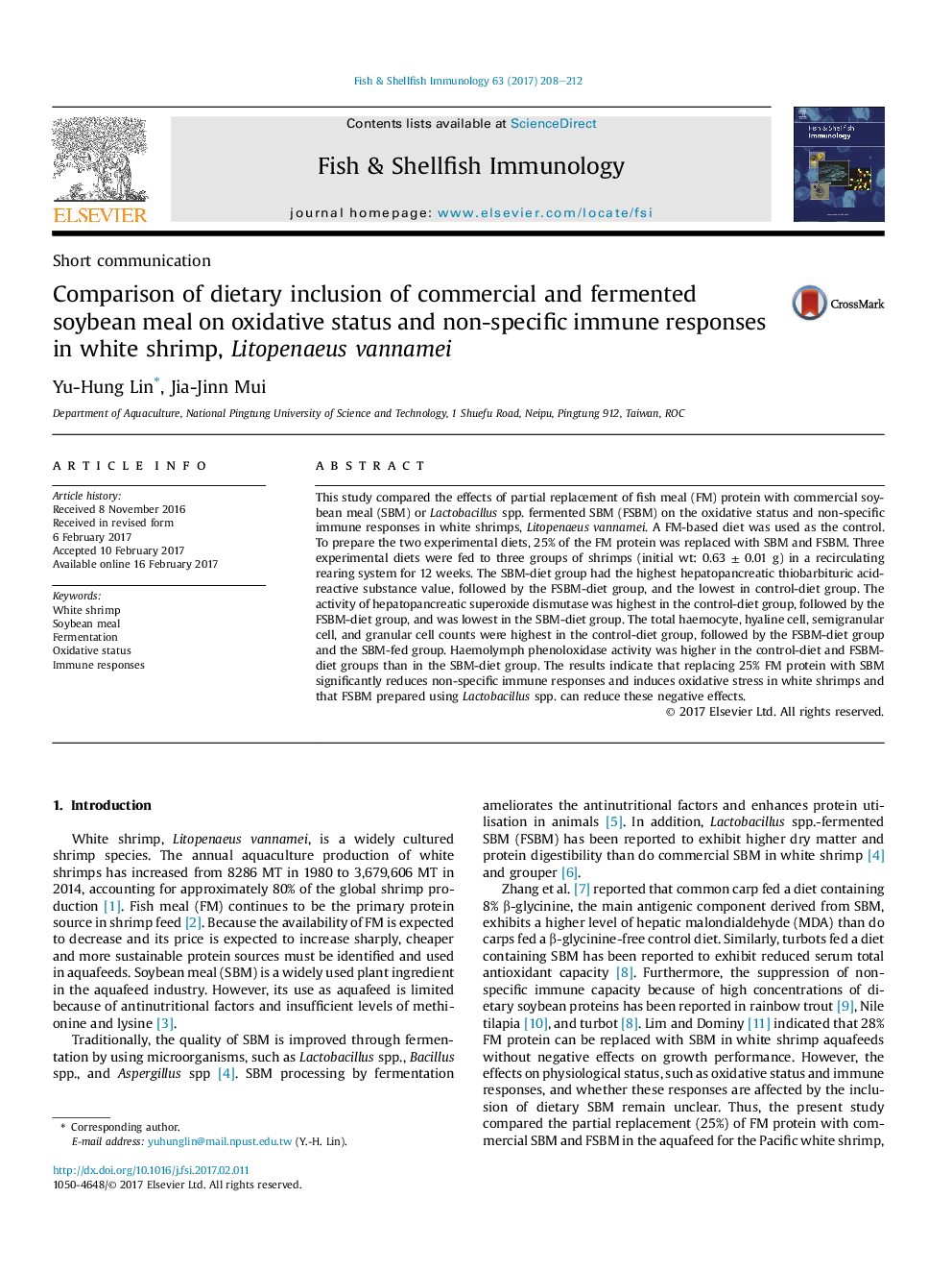 Comparison of dietary inclusion of commercial and fermented soybean meal on oxidative status and non-specific immune responses in white shrimp, Litopenaeus vannamei