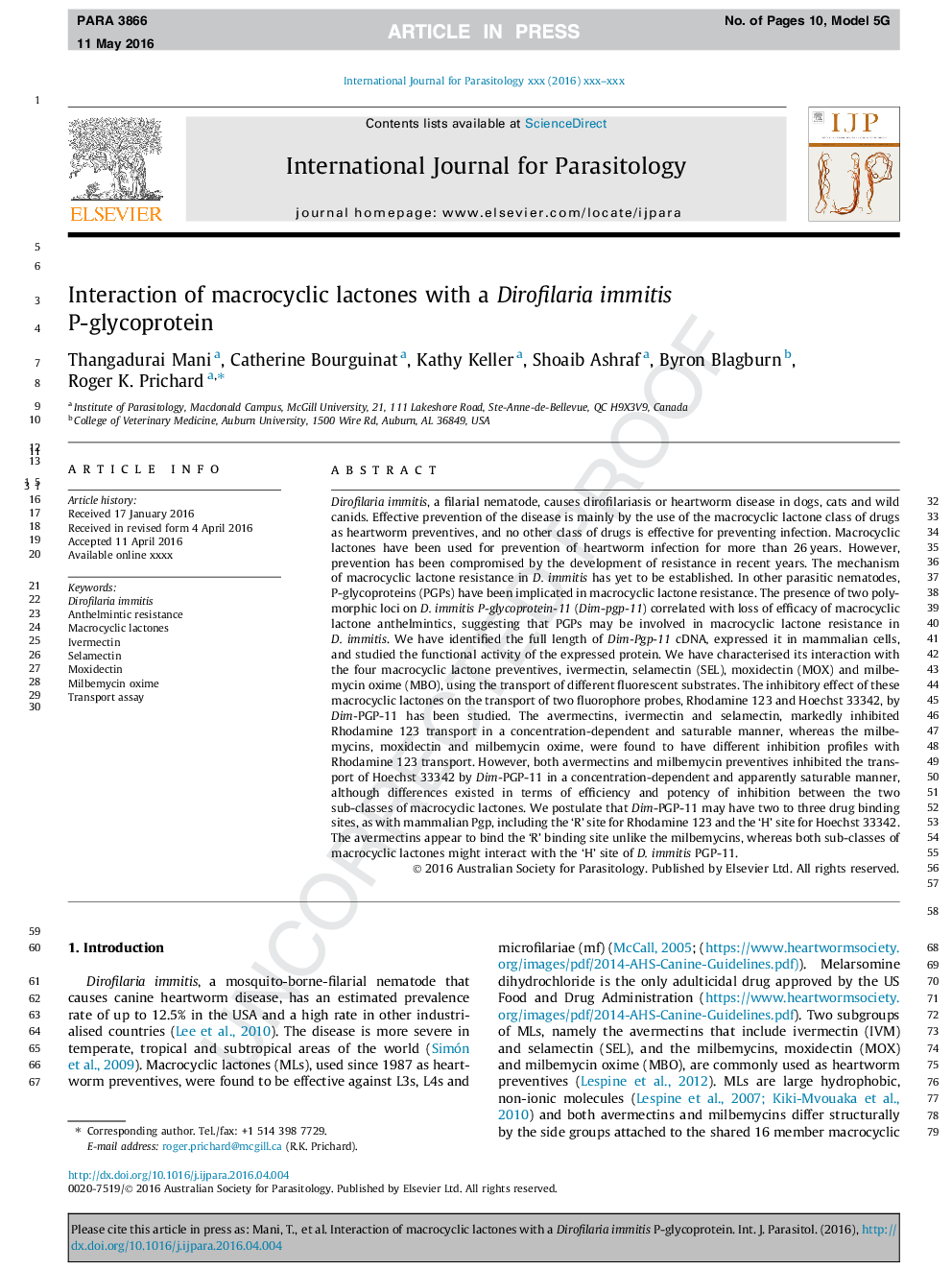 Interaction of macrocyclic lactones with a Dirofilaria immitis P-glycoprotein