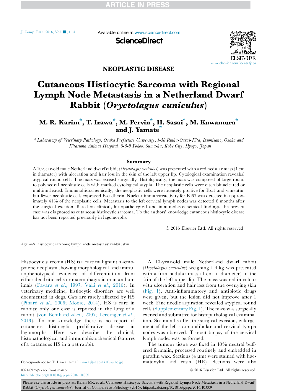 Cutaneous Histiocytic Sarcoma with Regional Lymph Node Metastasis in a Netherland Dwarf Rabbit (Oryctolagus cuniculus)