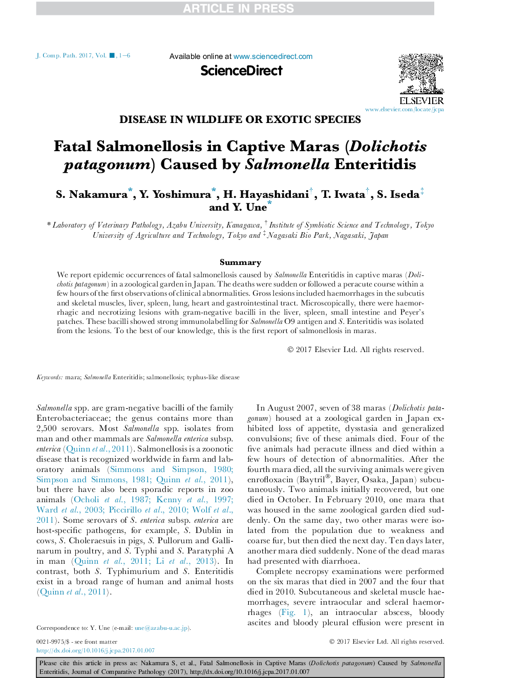 Fatal Salmonellosis in Captive Maras (Dolichotis patagonum) Caused by Salmonella Enteritidis