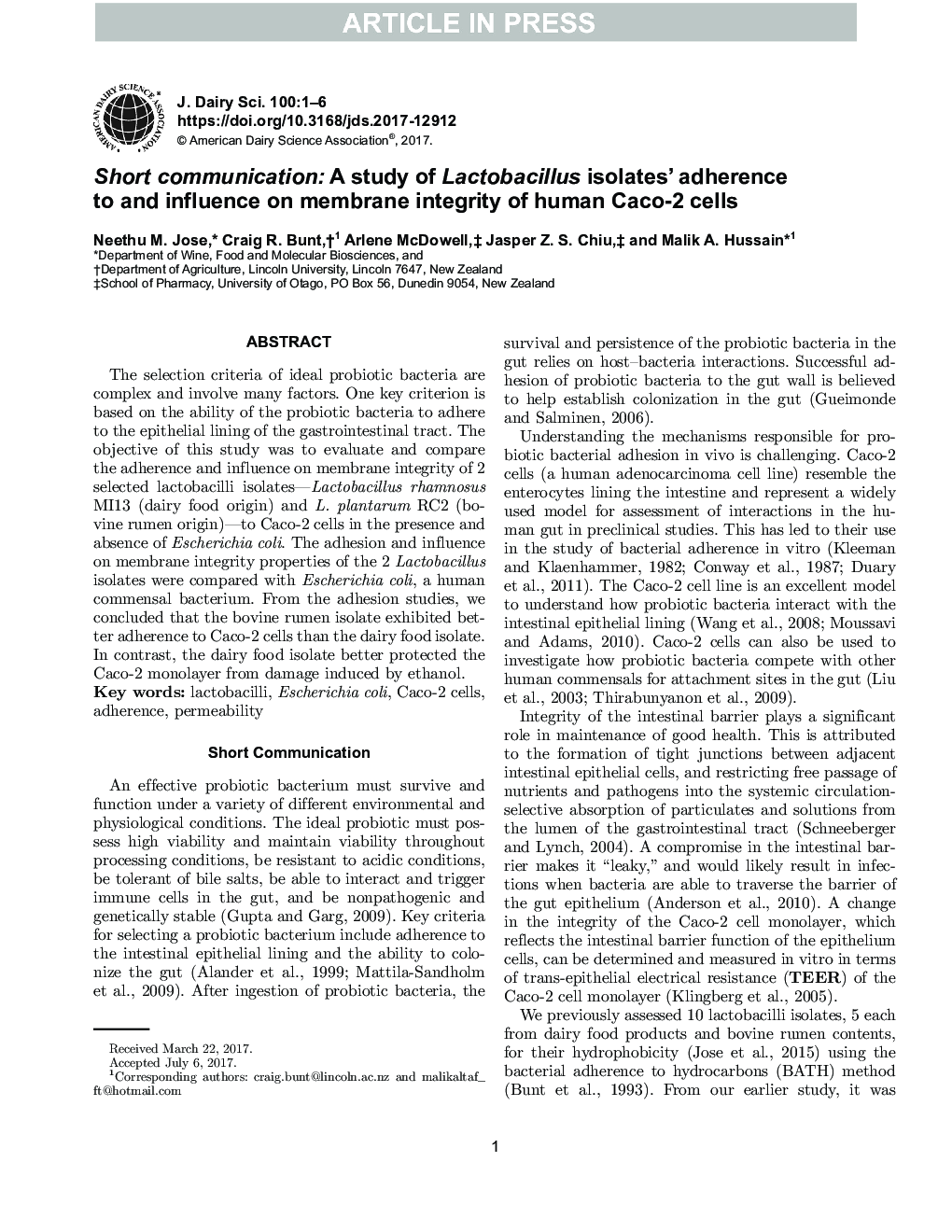 Short communication: A study of Lactobacillus isolates' adherence to and influence on membrane integrity of human Caco-2 cells