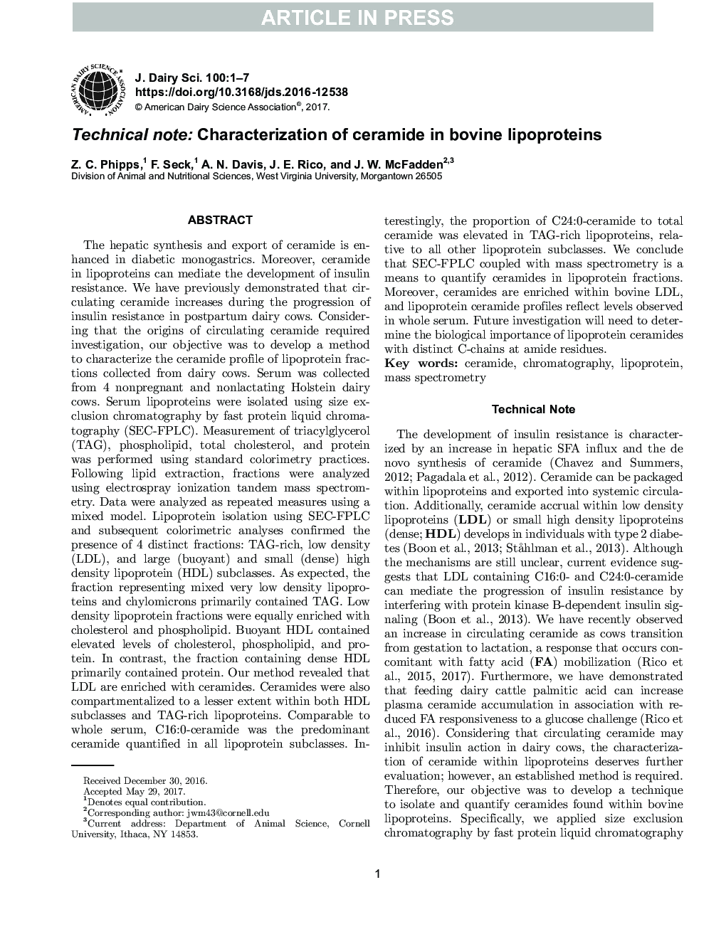 Technical note: Characterization of ceramide in bovine lipoproteins
